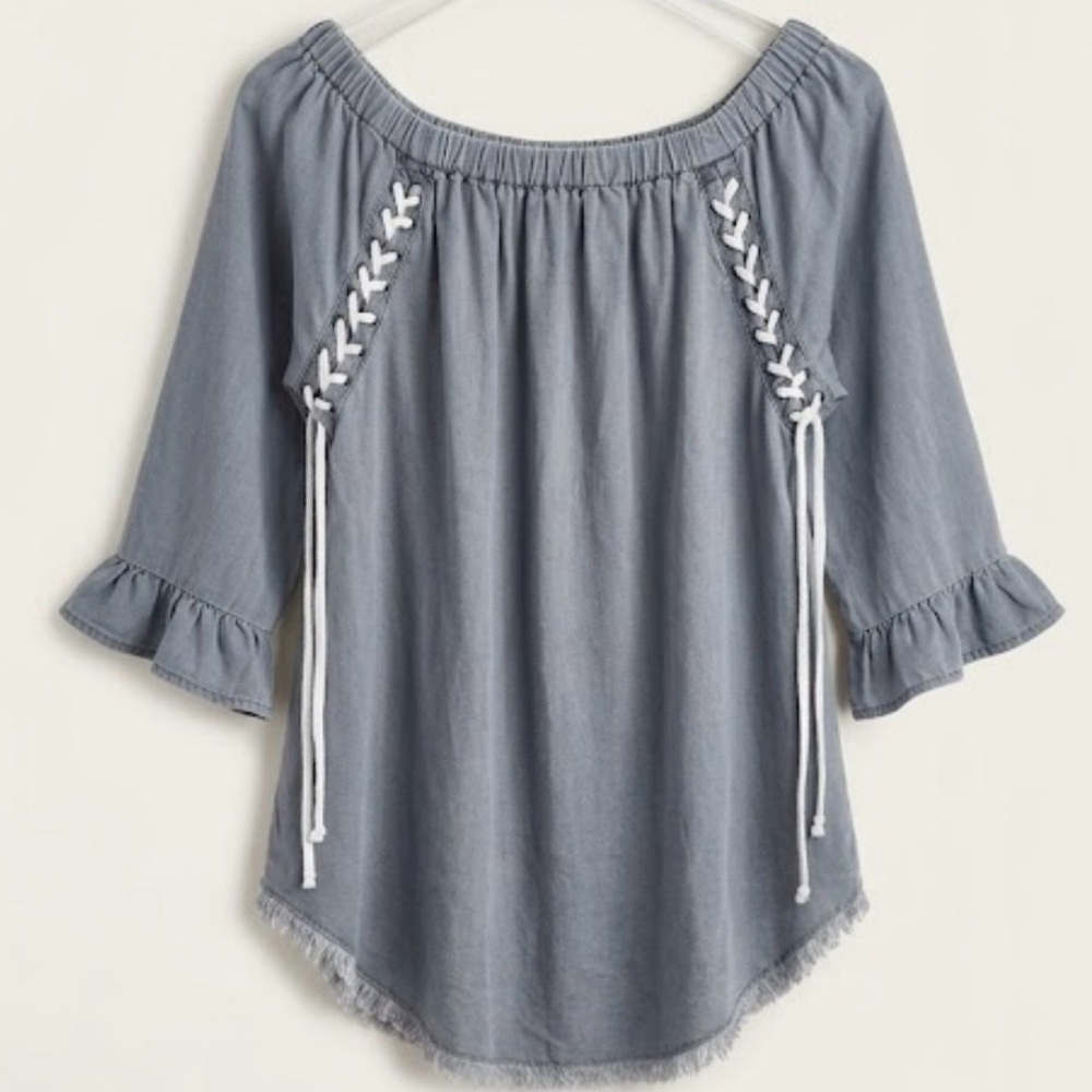 Standard Grace Boho Off-Shoulder Gray Peasant Top with Lace-Up Detail - EUC